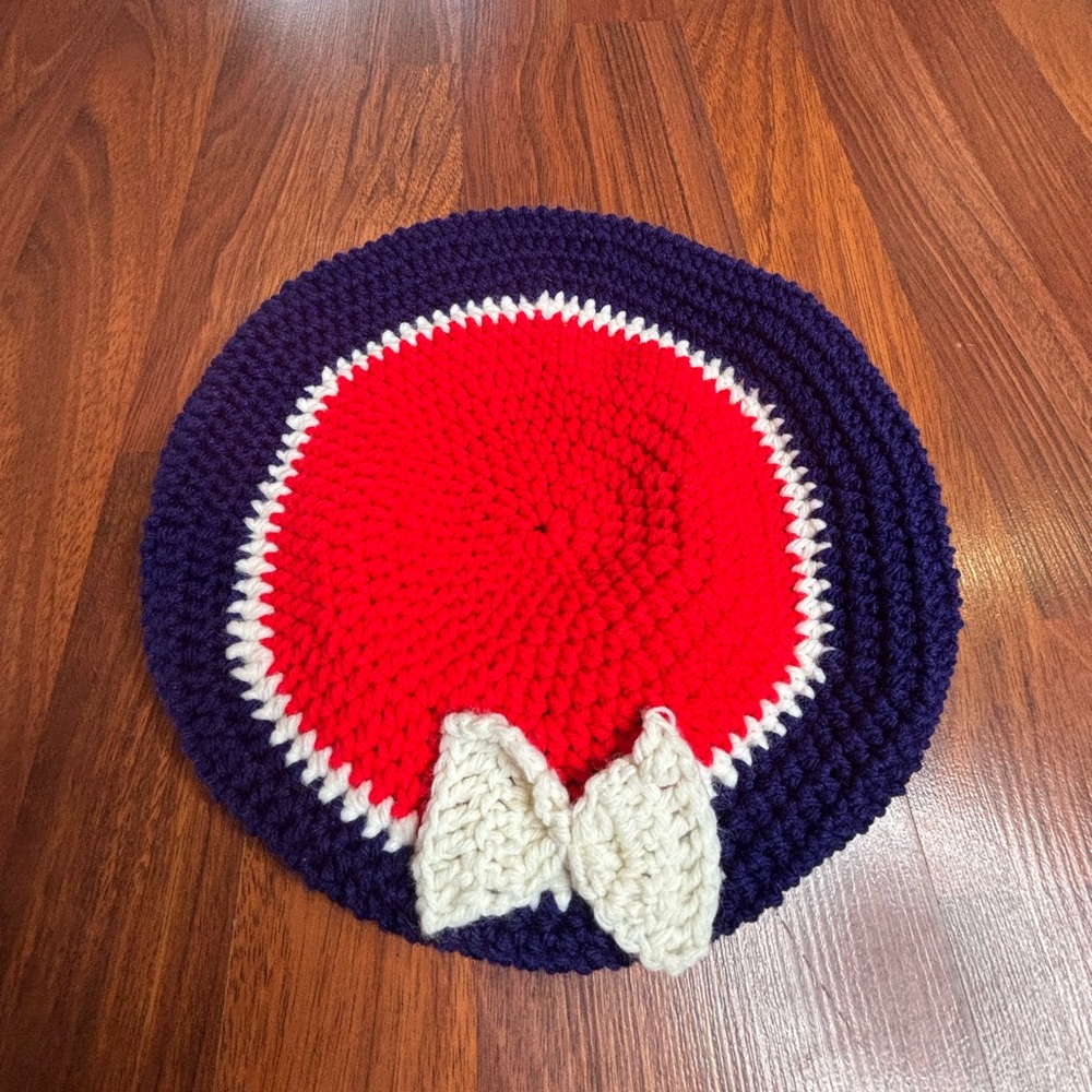 Vintage Knit Beret Tam MOD Target Blue White Red 60s 70s Bow Handmade